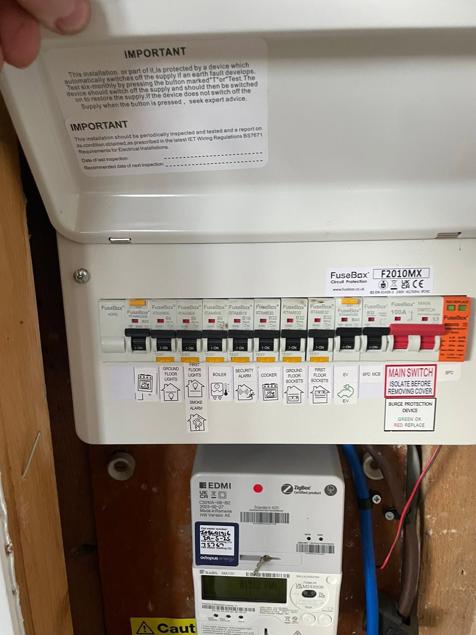 Fully labelled FuseBox consumer unit with RCBOs, surge protection and smart meter